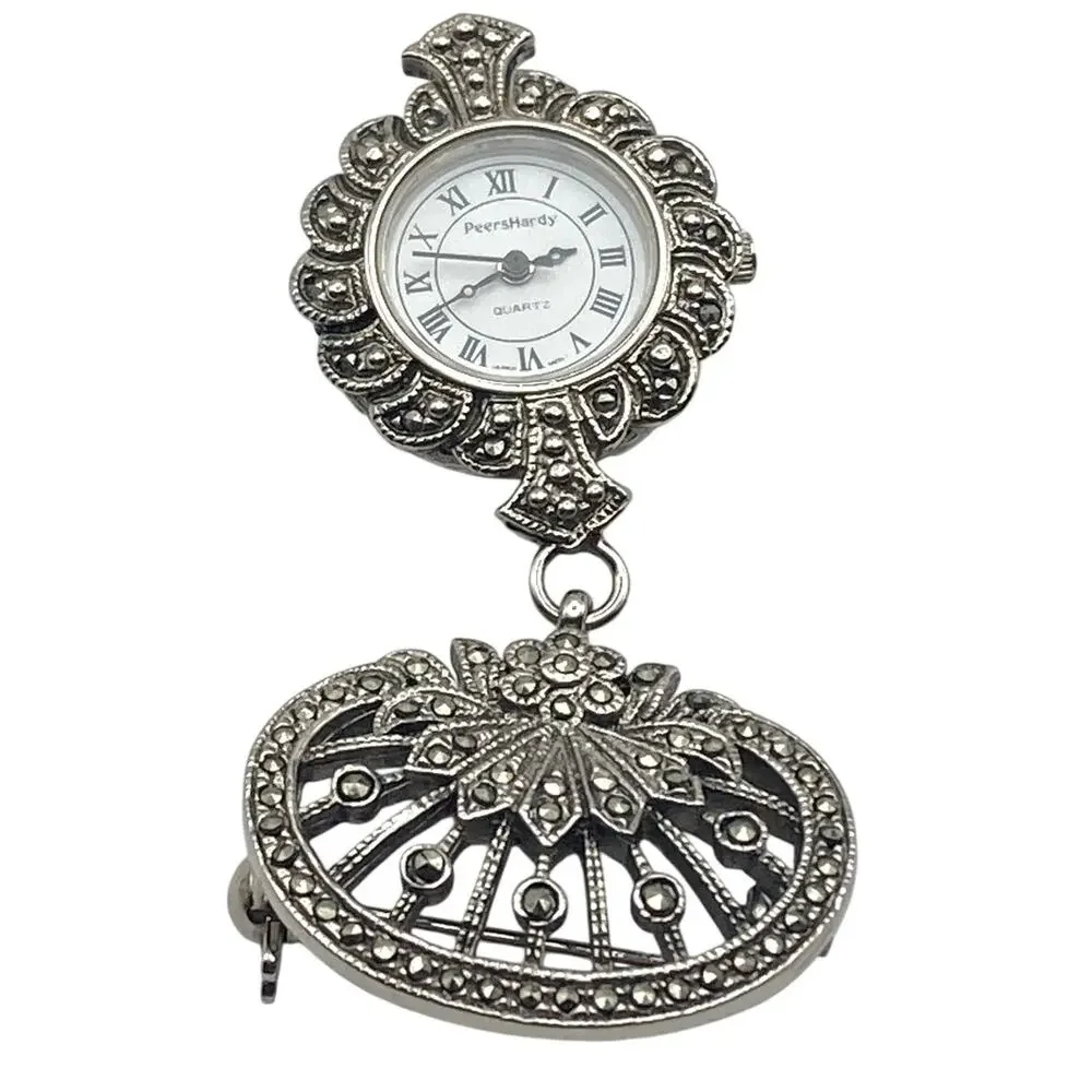 Women's Art Deco Brooch Watch Peers Hardy - New Battery - Marcasite Like Stones